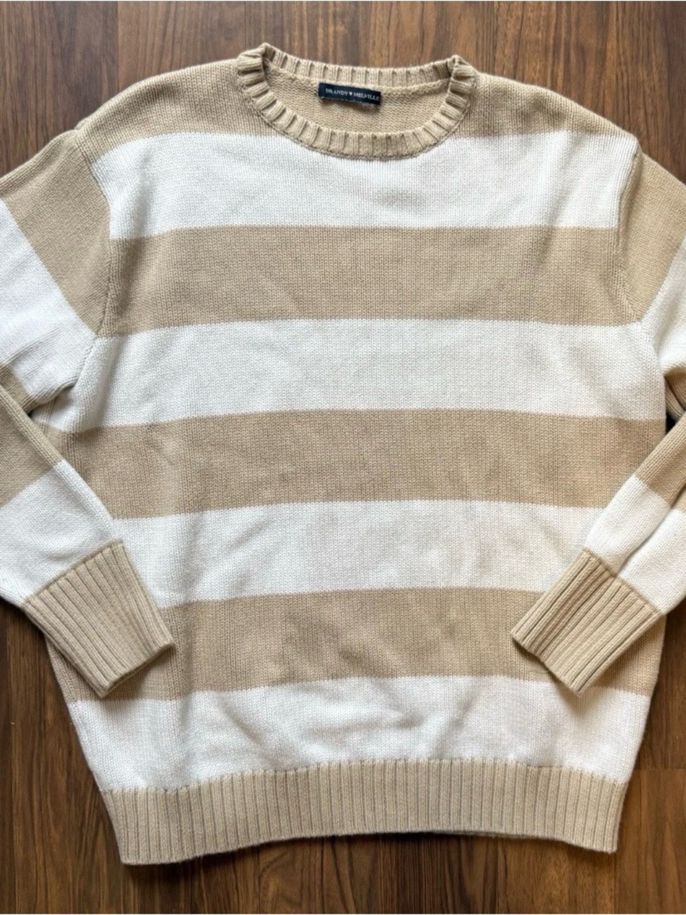 Brandy Melville Brianna Striped Crewneck Sweater Beige And White
